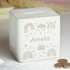 Personalised Rainbow Ceramic Square Money Box | Money Boxes | New Baby Gift