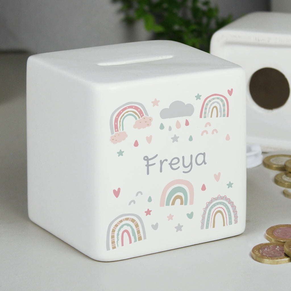Personalised Rainbow Ceramic Square Money Box | Money Boxes | New Baby Gift