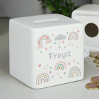 Personalised Rainbow Ceramic Square Money Box | Money Boxes | New Baby Gift