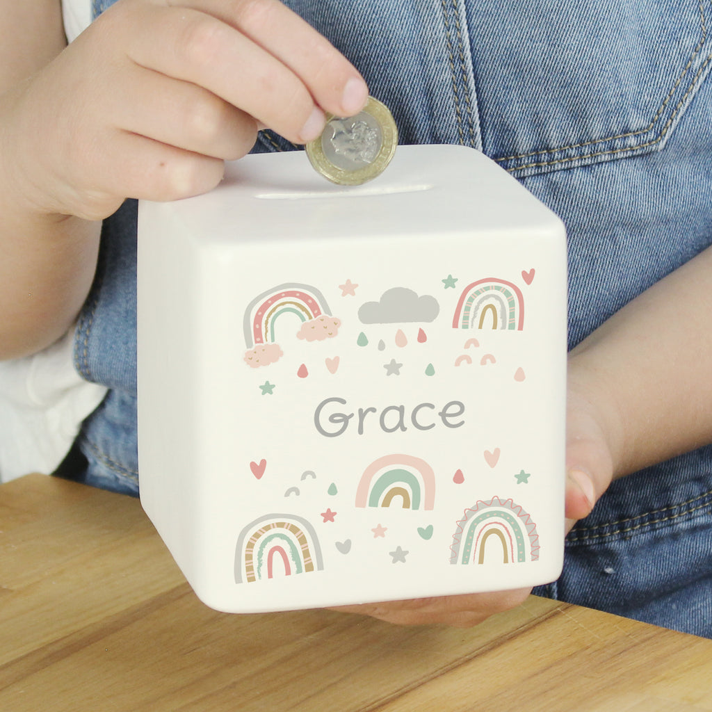 Personalised Rainbow Ceramic Square Money Box | Money Boxes | New Baby Gift