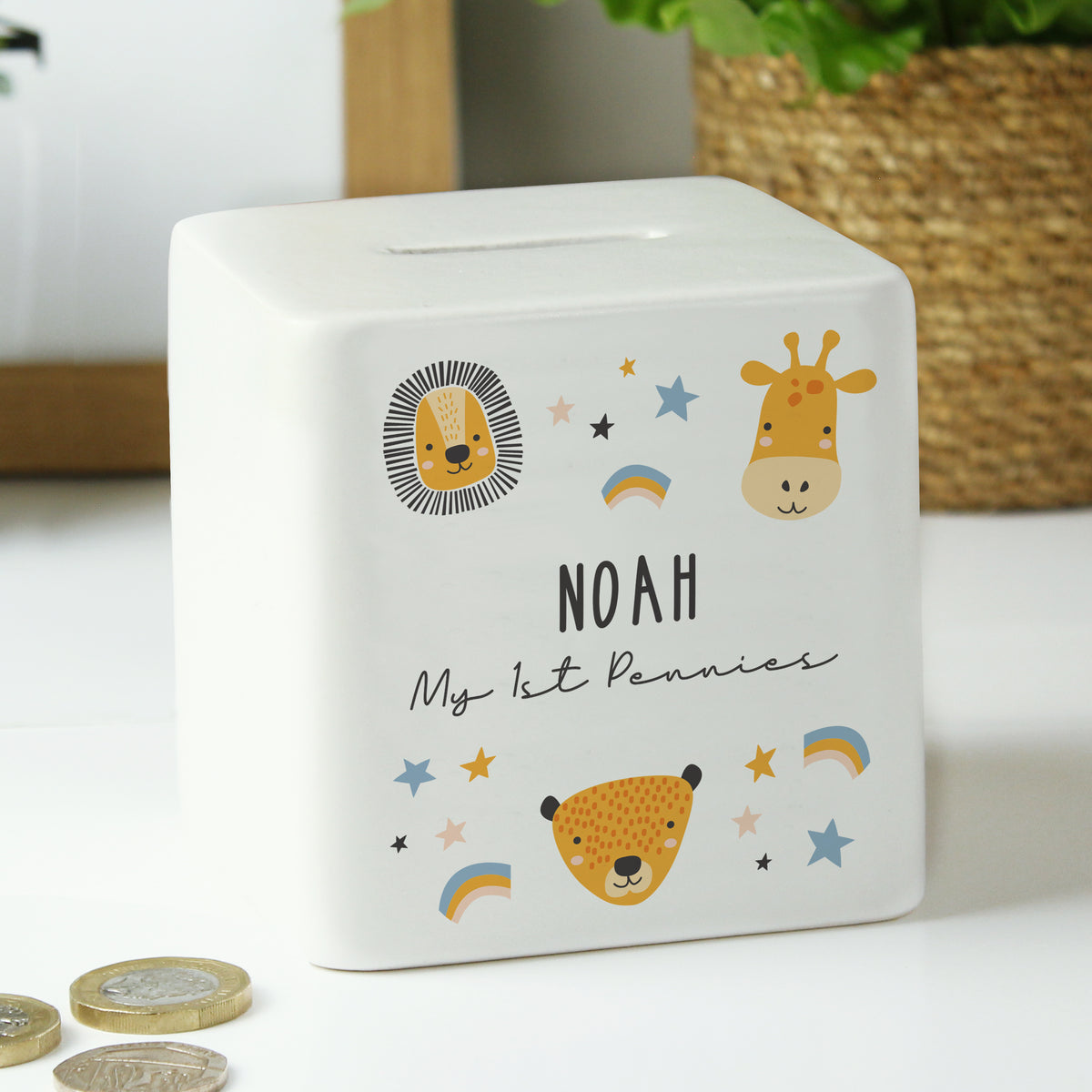 Personalised Scandi Safari Animals Ceramic Square Money Box for Christening