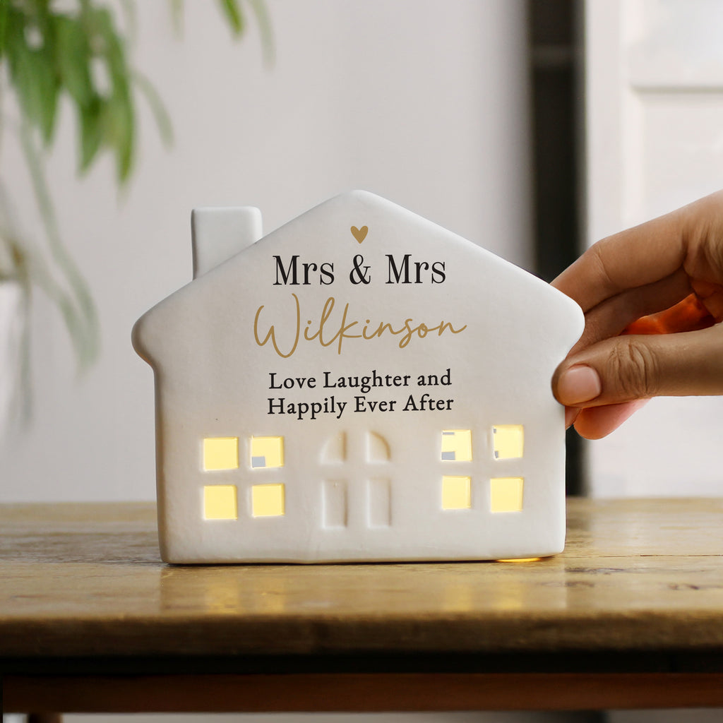Personalised Black & Gold Free Text Ceramic LED House for Wedding