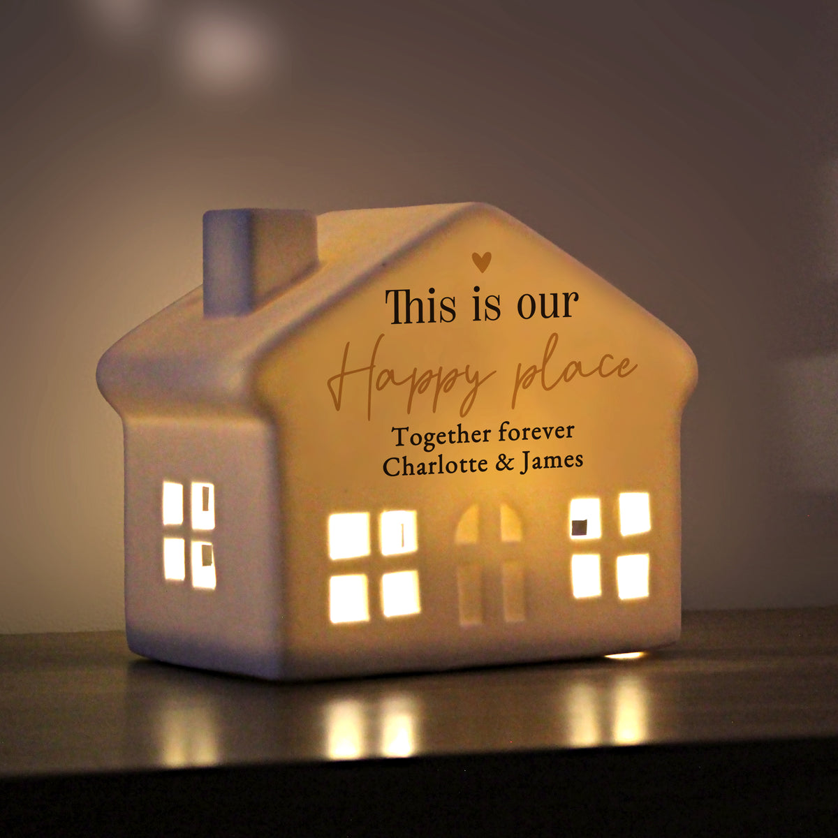 Personalised Black & Gold Free Text Ceramic LED House for Wedding