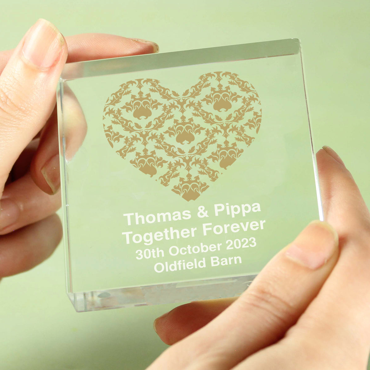 Personalised Gold Damask Heart Crystal Token | Ornaments