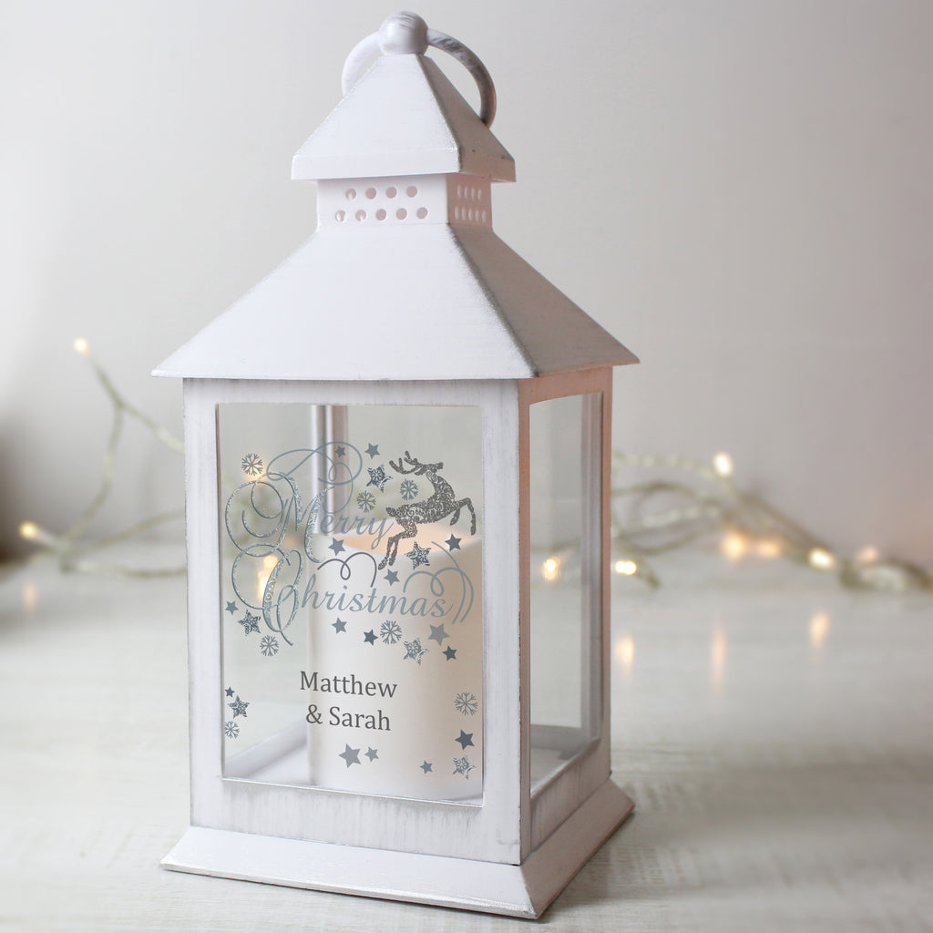 Personalised Silver Reindeer White Lantern for Christmas