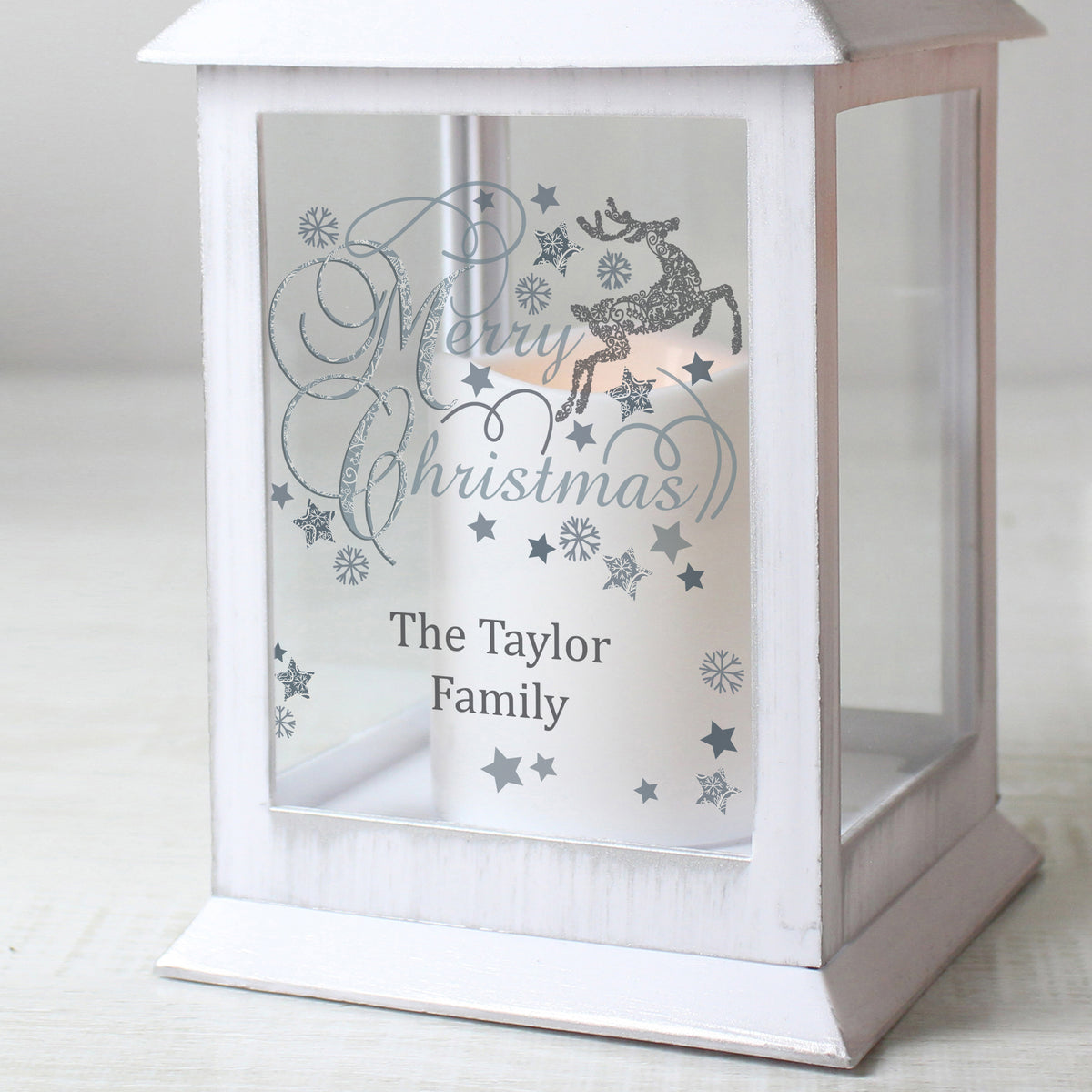 Personalised Silver Reindeer White Lantern for Christmas