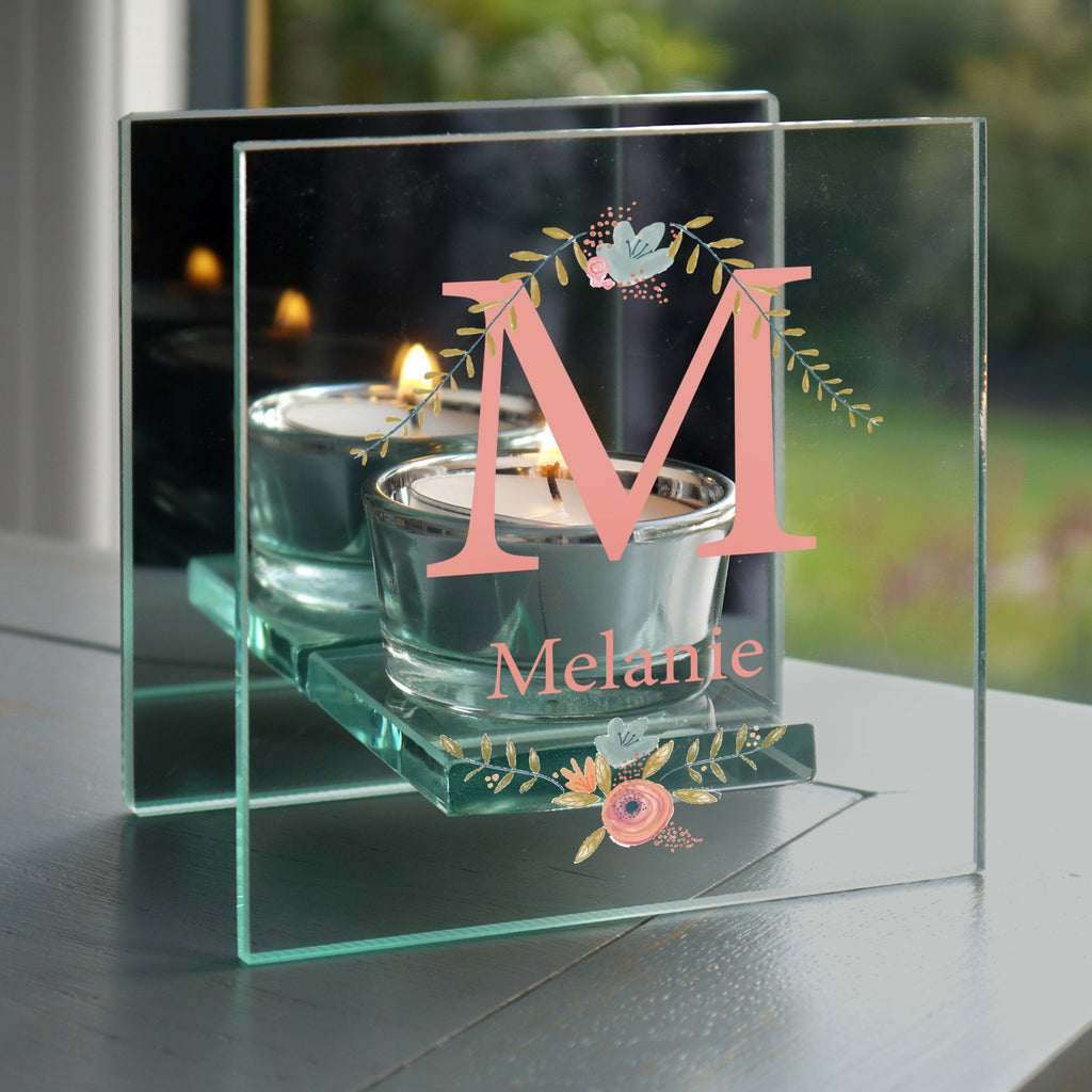 Personalised Floral Bouquet Mirrored Glass Tea Light Candle Holder | Candles & Reed Diffusers | Mother's Day Gift