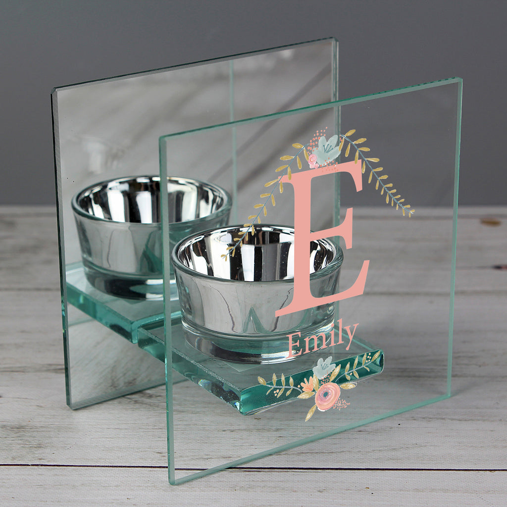 Personalised Floral Bouquet Mirrored Glass Tea Light Candle Holder | Candles & Reed Diffusers | Mother's Day Gift