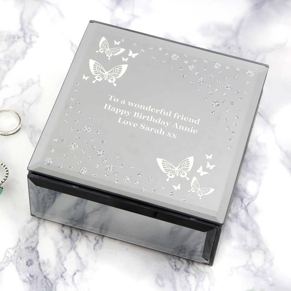 Personalised White Butterfly Diamante Glass Trinket Box for Christmas