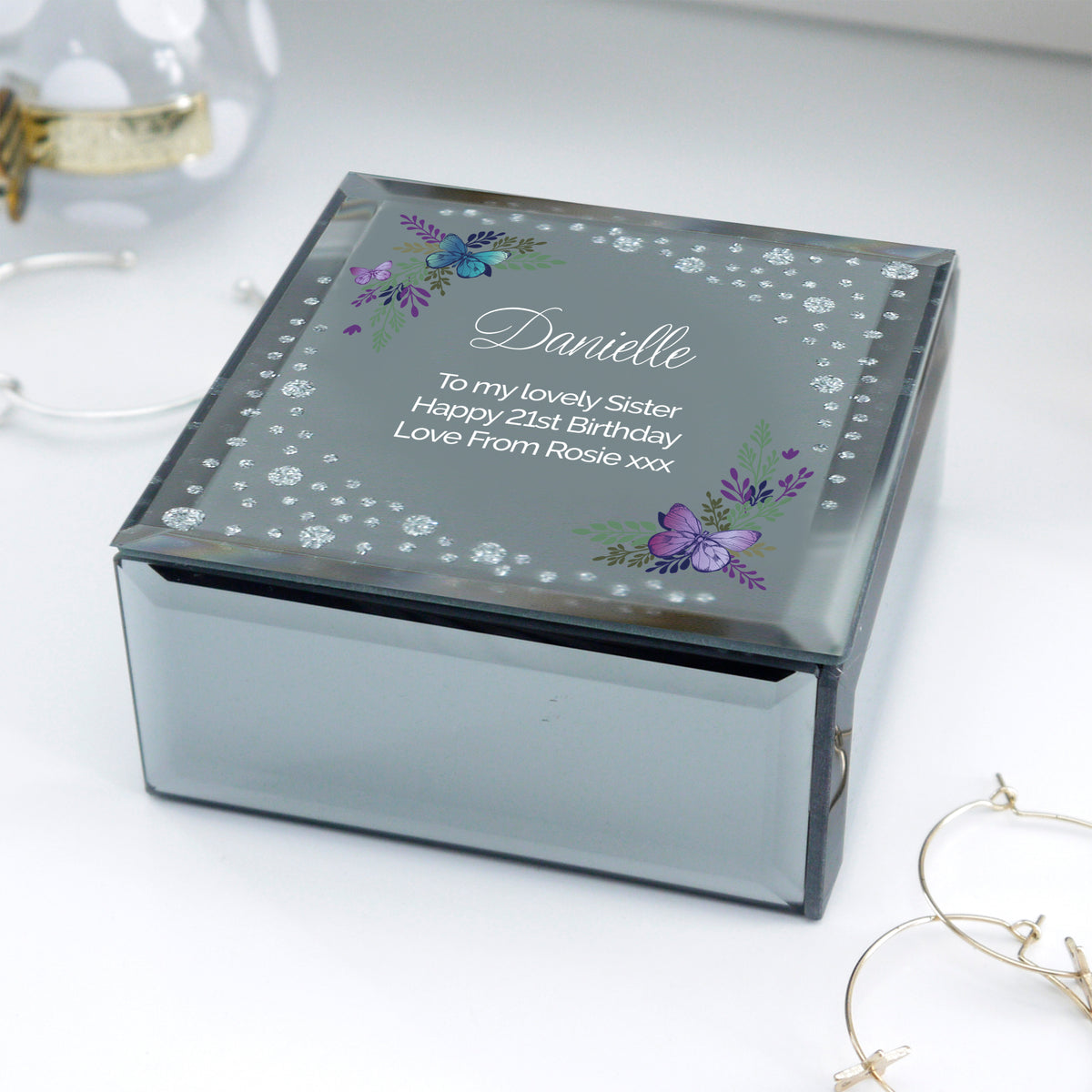 Personalised Floral Butterfly Diamante Glass Trinket Box | Trinket, Jewellery & Keepsake Boxes | Christmas Gift
