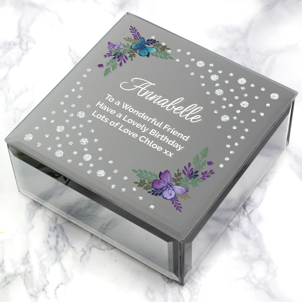 Personalised Floral Butterfly Diamante Glass Trinket Box | Trinket, Jewellery & Keepsake Boxes | Christmas Gift