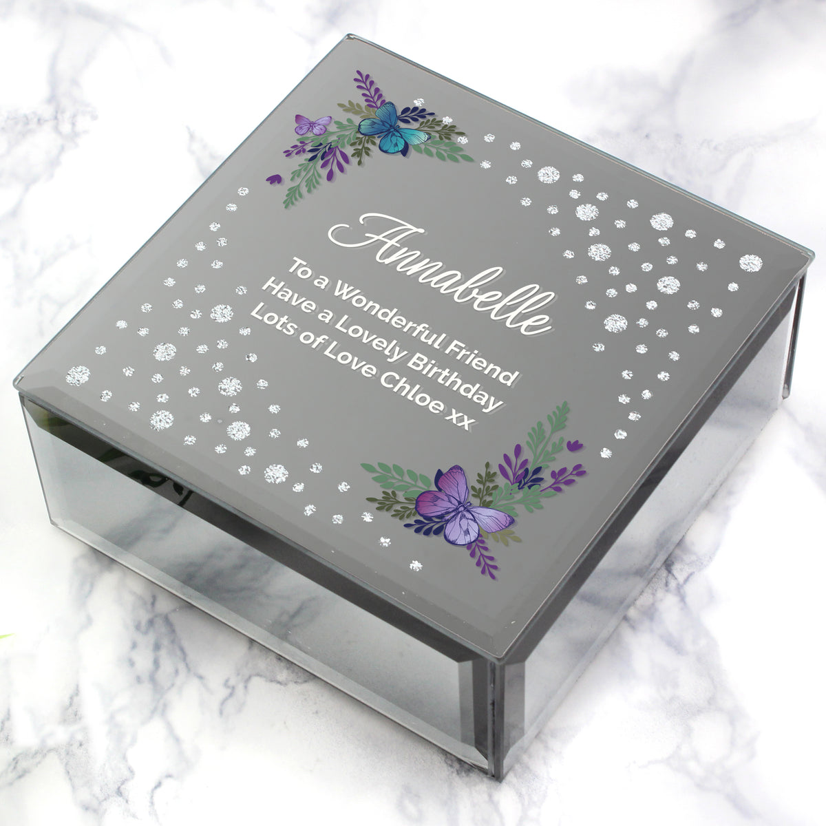 Personalised Floral Butterfly Diamante Glass Trinket Box | Trinket, Jewellery & Keepsake Boxes | Christmas Gift
