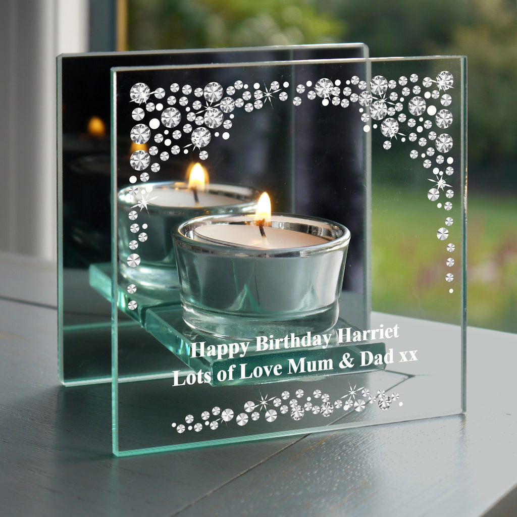 Personalised Diamante Effect Mirrored Glass Tea Light Candle Holder | Candles & Reed Diffusers