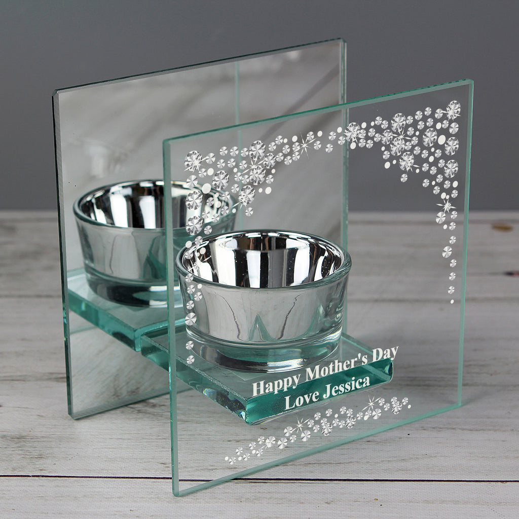 Personalised Diamante Effect Mirrored Glass Tea Light Candle Holder | Candles & Reed Diffusers