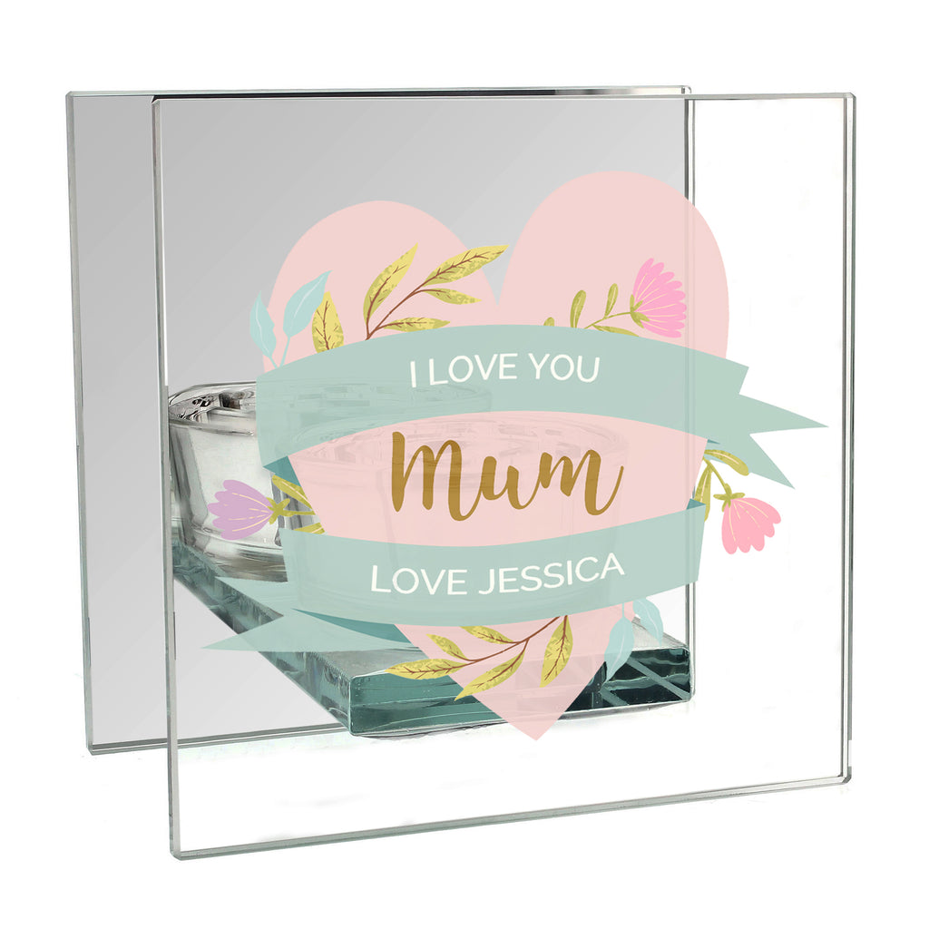Personalised Floral Heart Mothers Day Mirrored Glass Tea Light Holder | Gift for Her
