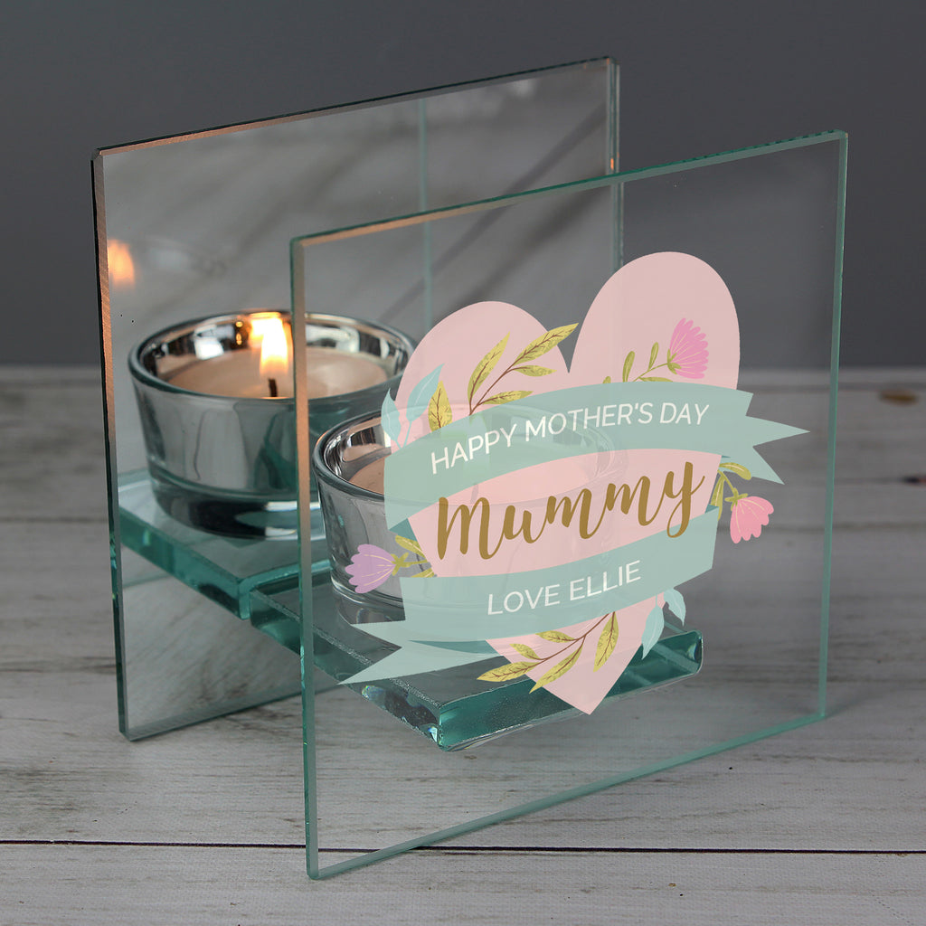 Personalised Floral Heart Mothers Day Mirrored Glass Tea Light Holder | Gift for Her