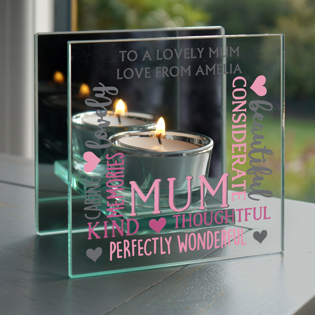 Personalised Mum Mirrored Glass Tea Light Holder for Mother's Day