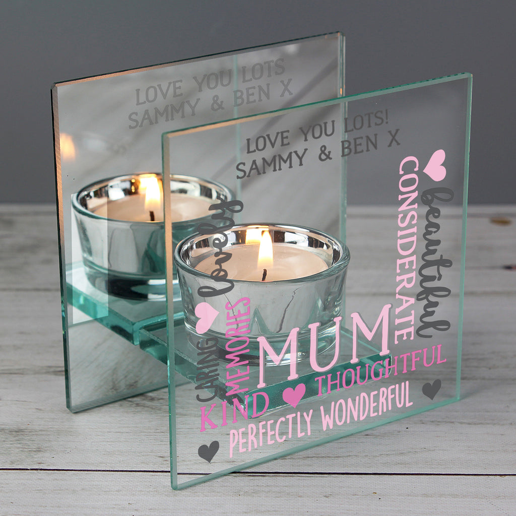 Personalised Mum Mirrored Glass Tea Light Holder for Mother's Day