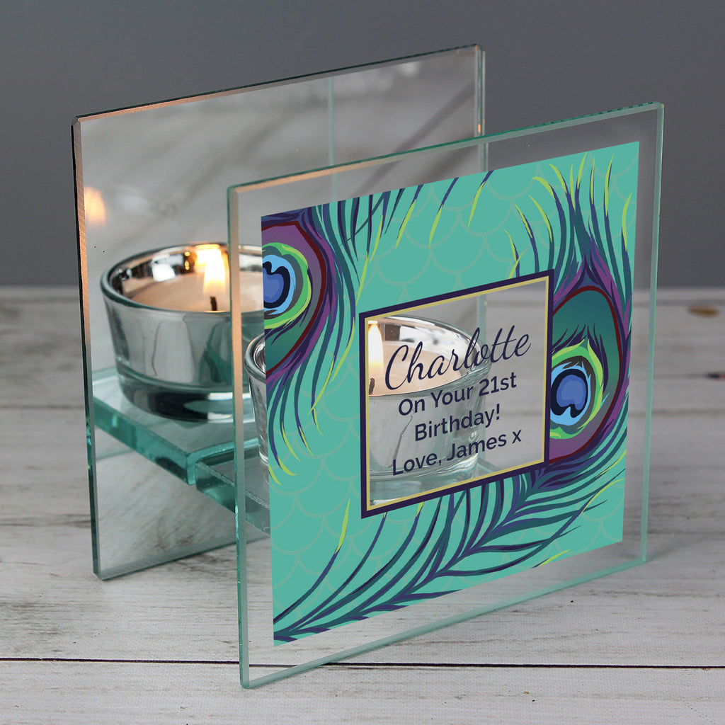 Personalised Peacock Mirrored Glass Tea Light Candle Holder | Candles & Reed Diffusers | Inspired Creative Gifts