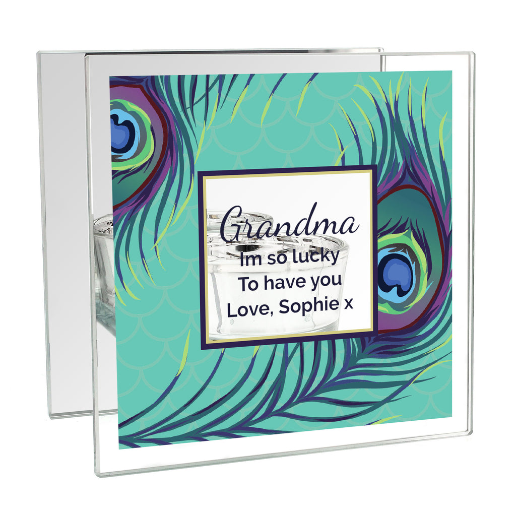 Personalised Peacock Mirrored Glass Tea Light Candle Holder | Candles & Reed Diffusers | Inspired Creative Gifts