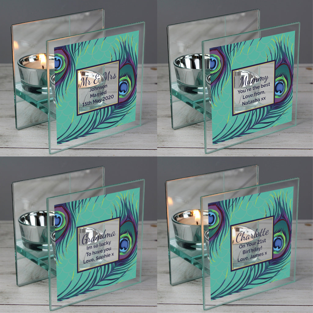 Personalised Peacock Mirrored Glass Tea Light Candle Holder | Candles & Reed Diffusers | Inspired Creative Gifts