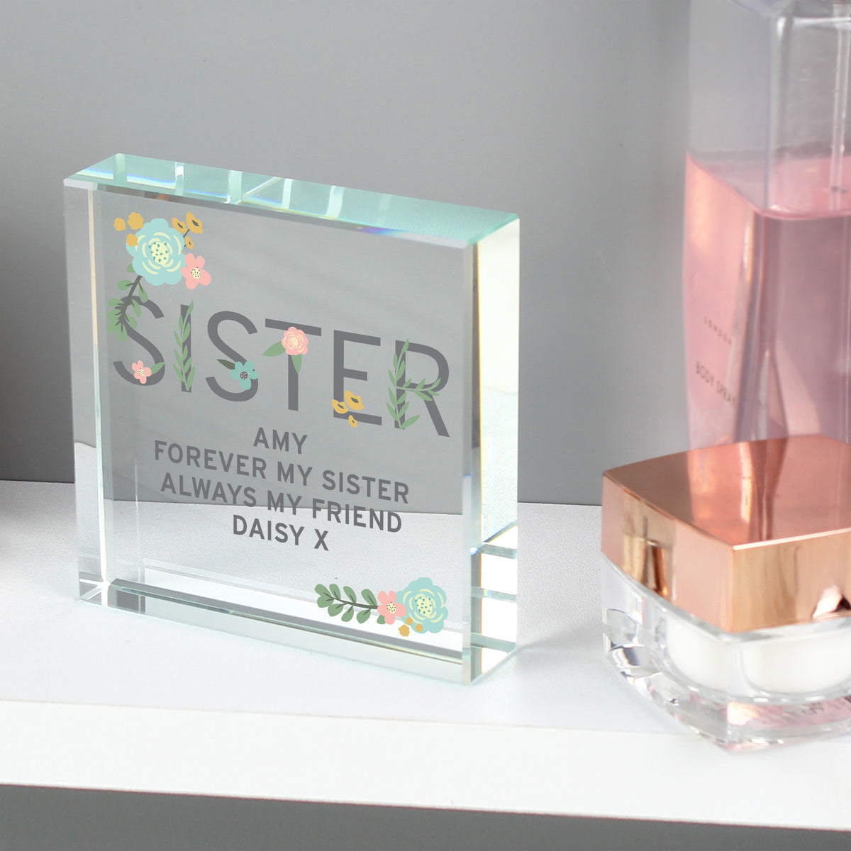 Personalised Floral Sister Crystal Token for New Home