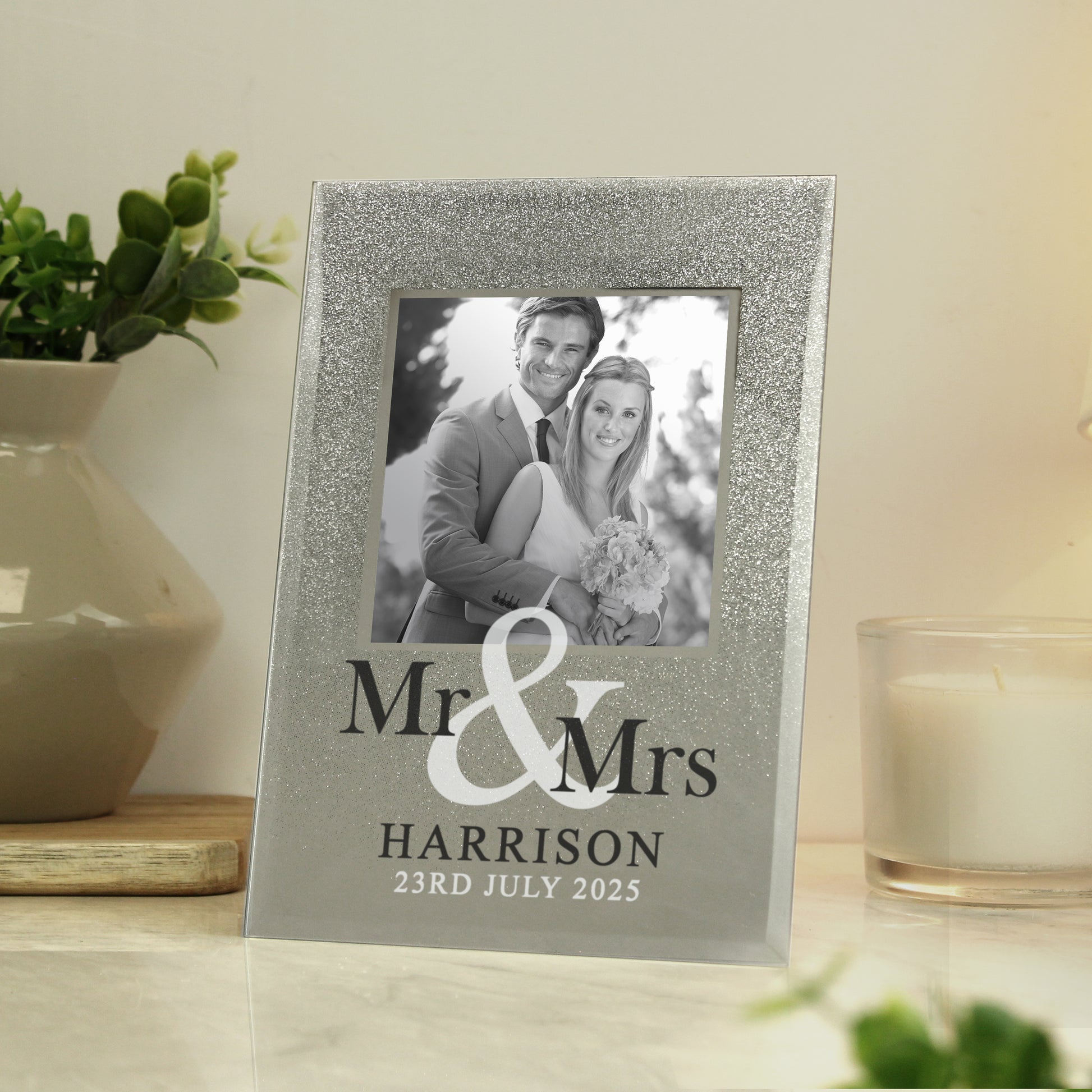 Personalised Mr & Mrs 4x4 Glitter Glass Photo Frame - Inspired Creative Gifts