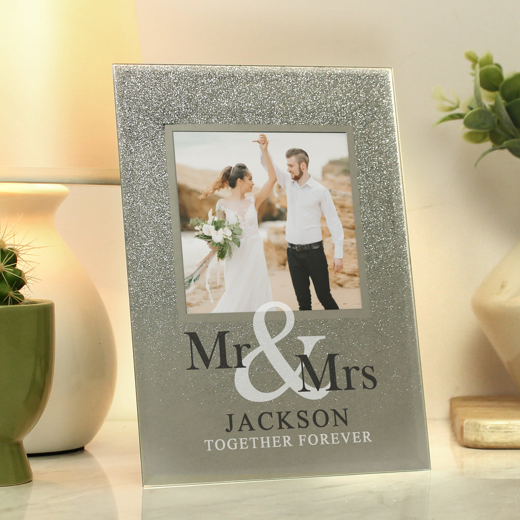 Personalised Mr & Mrs 4x4 Glitter Glass Photo Frame - Inspired Creative Gifts