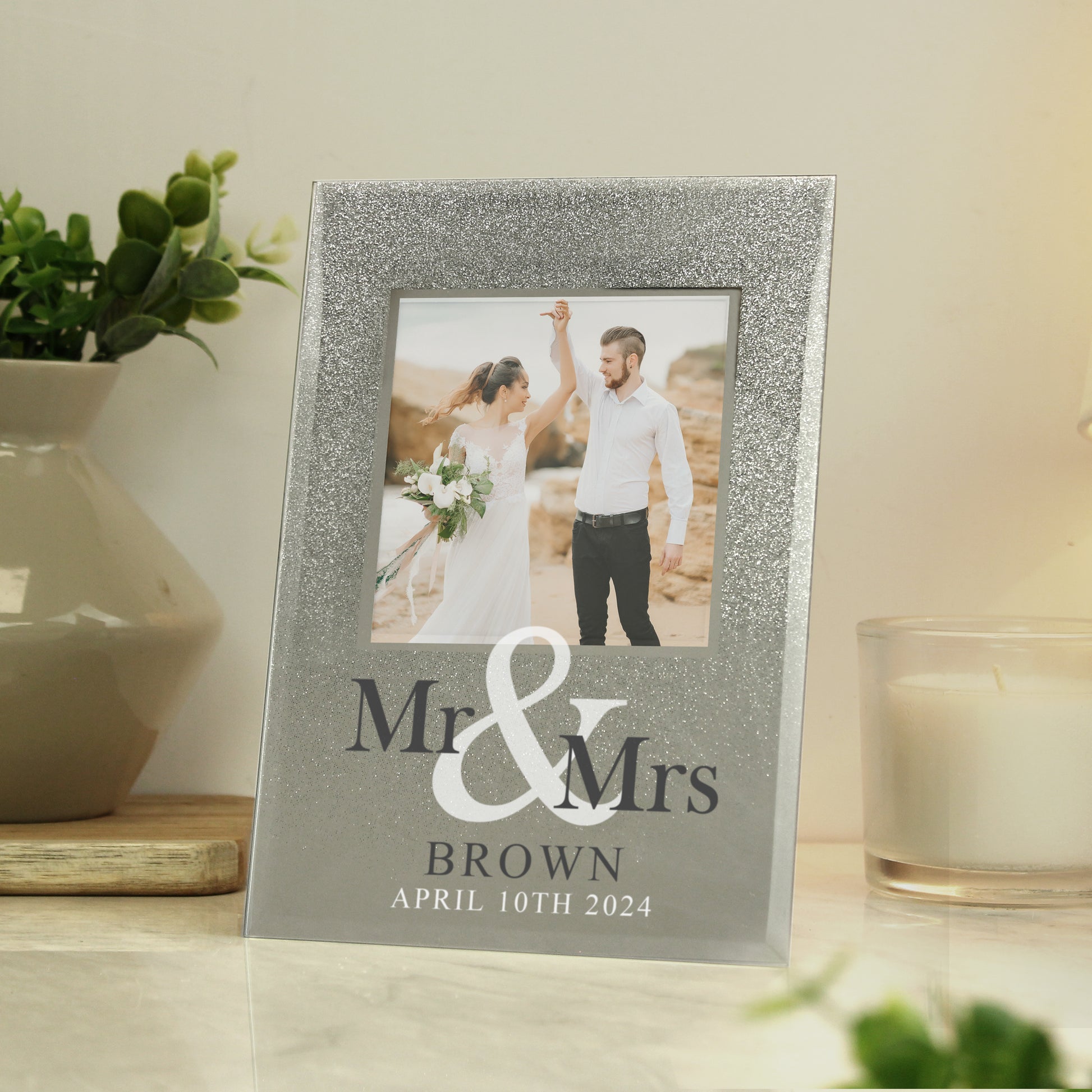 Personalised Mr & Mrs 4x4 Glitter Glass Photo Frame - Inspired Creative Gifts