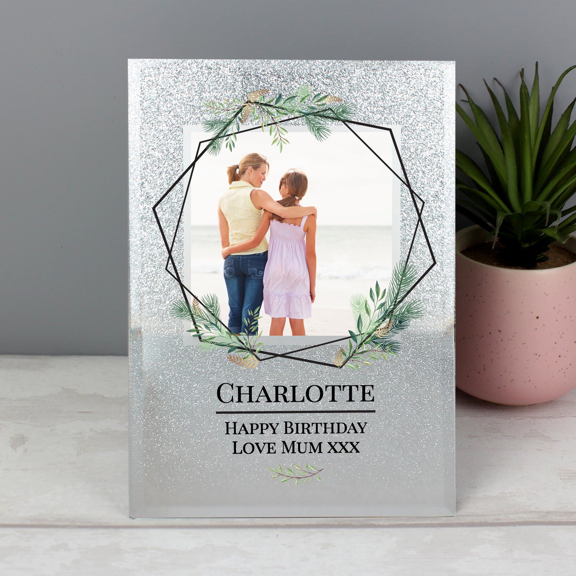 Personalised Geo Leaves 4x4 Glitter Glass Photo Frame - Inspired Creative Gifts