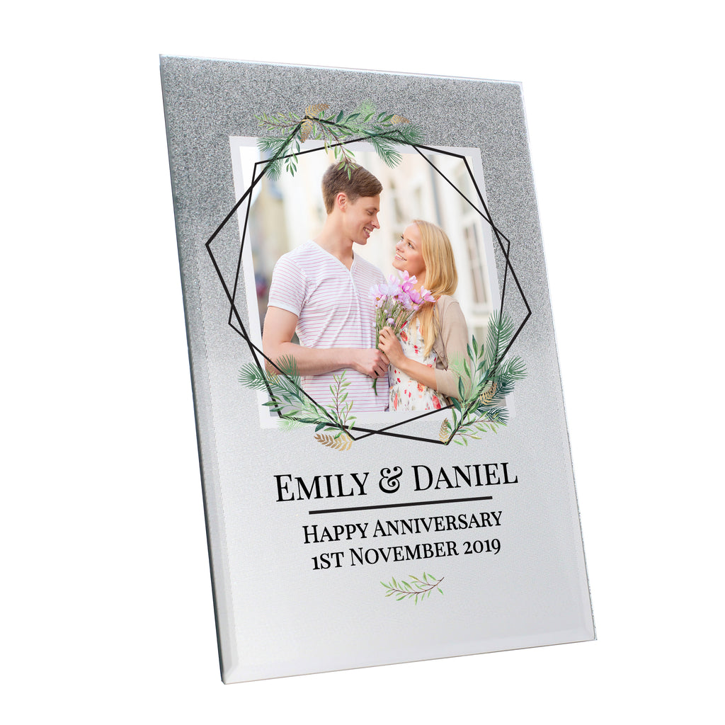 Personalised Geo Leaves 4x4 Glitter Glass Photo Frame - Inspired Creative Gifts