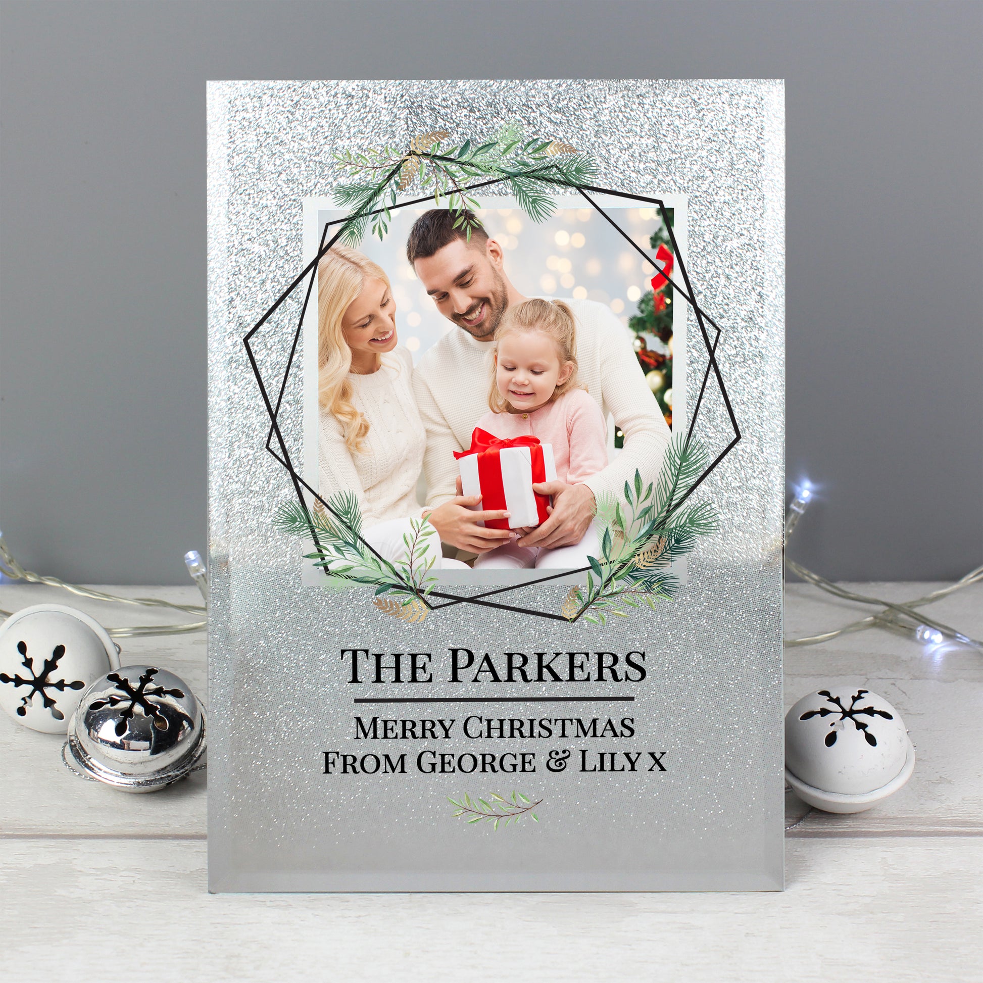 Personalised Geo Leaves 4x4 Glitter Glass Photo Frame - Inspired Creative Gifts