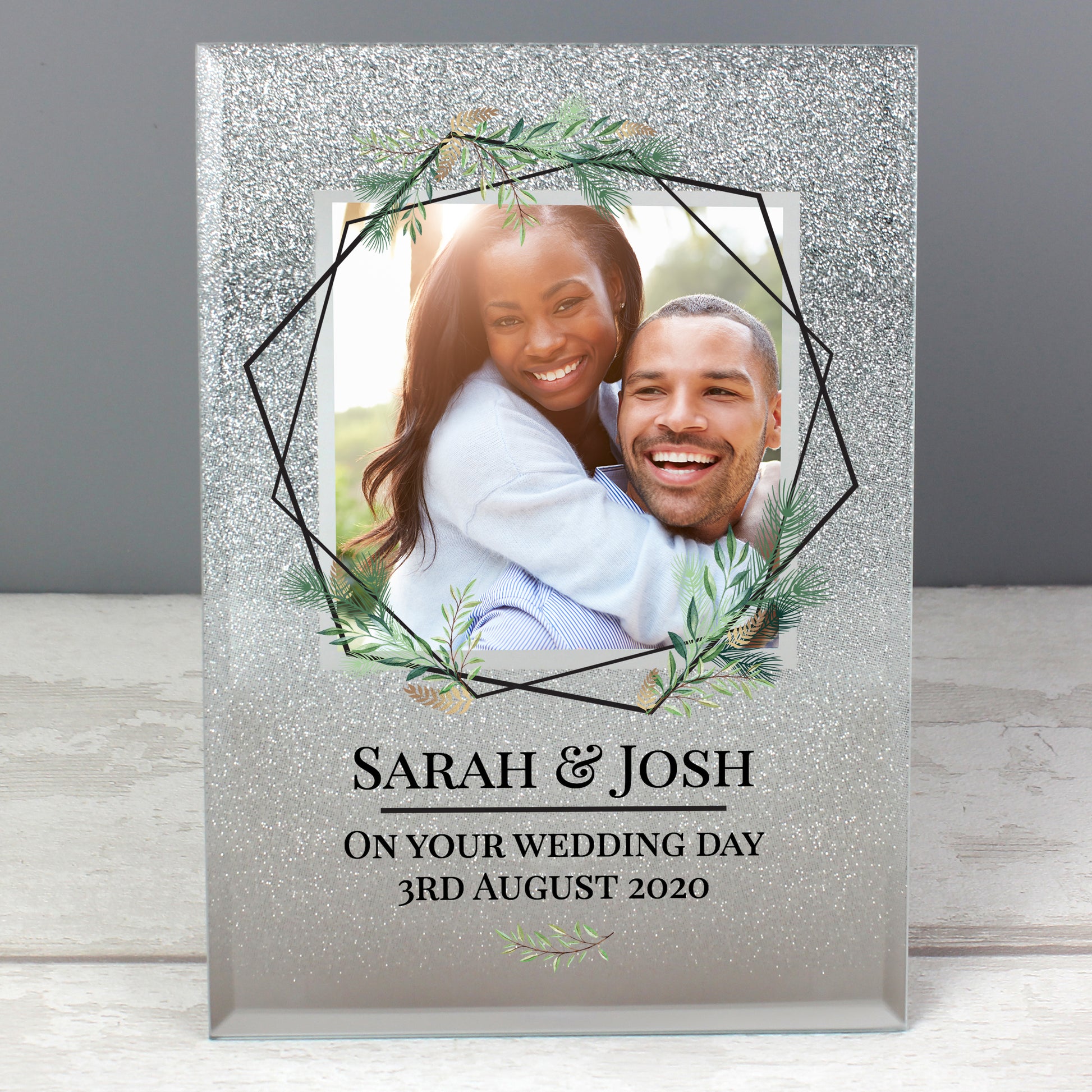 Personalised Geo Leaves 4x4 Glitter Glass Photo Frame - Inspired Creative Gifts