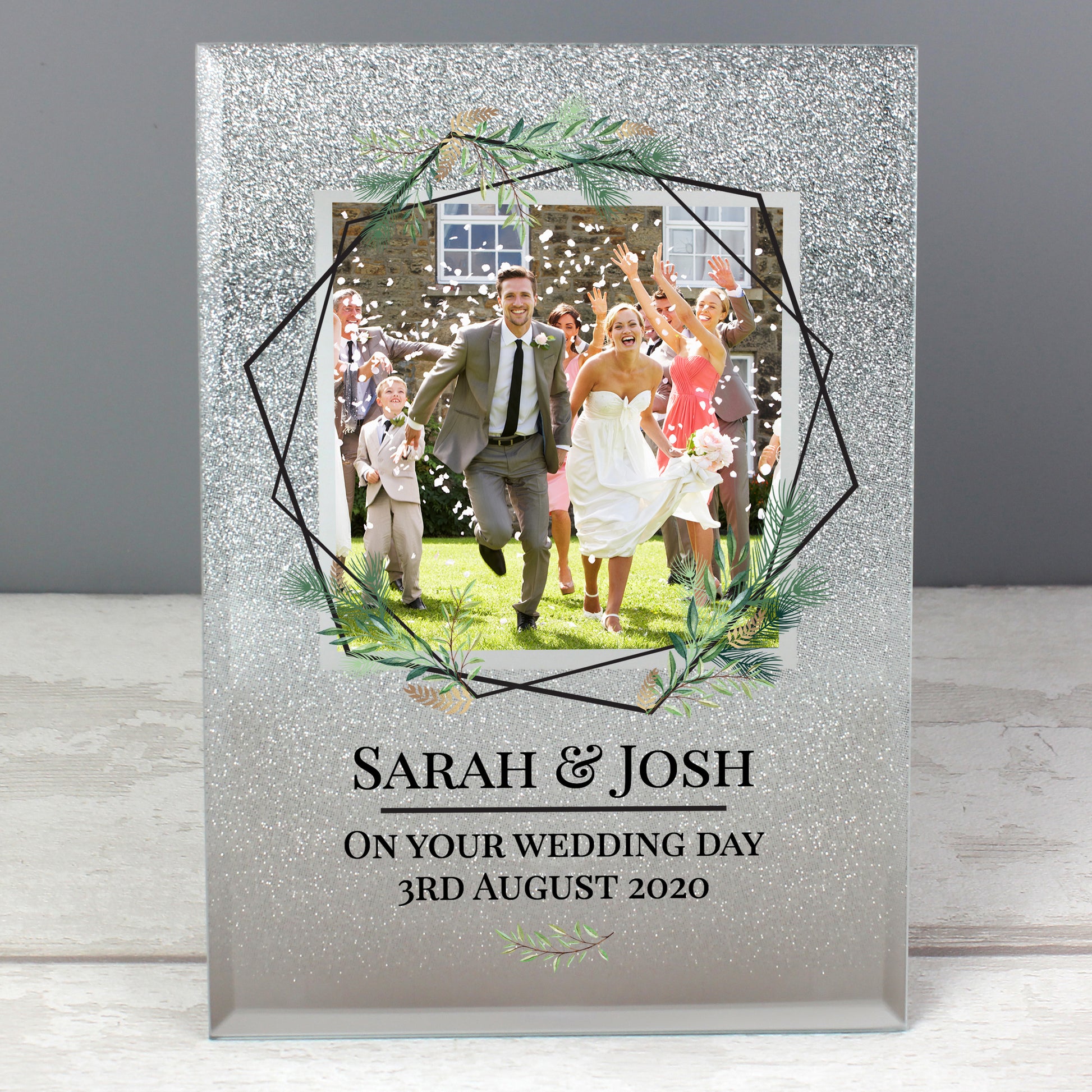 Personalised Geo Leaves 4x4 Glitter Glass Photo Frame - Inspired Creative Gifts