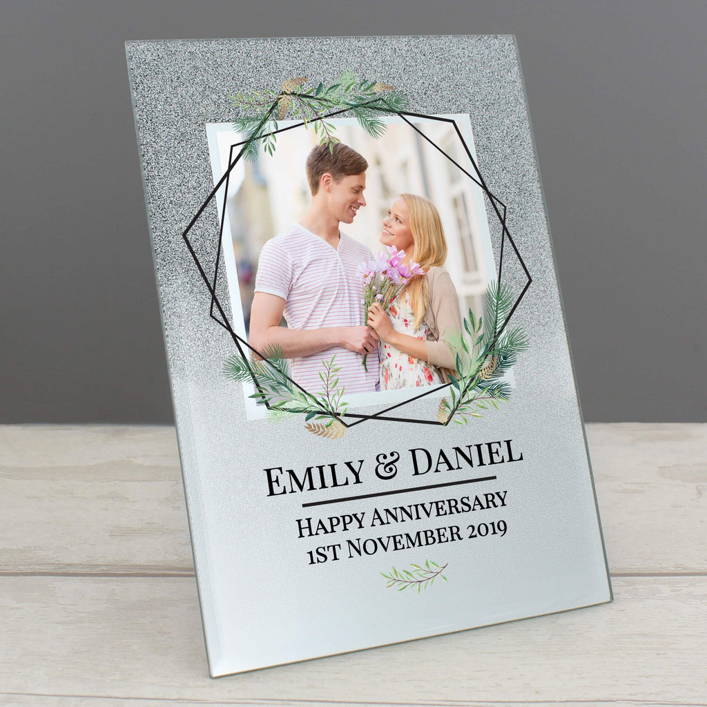 Personalised Geo Leaves 4x4 Glitter Glass Photo Frame - Inspired Creative Gifts