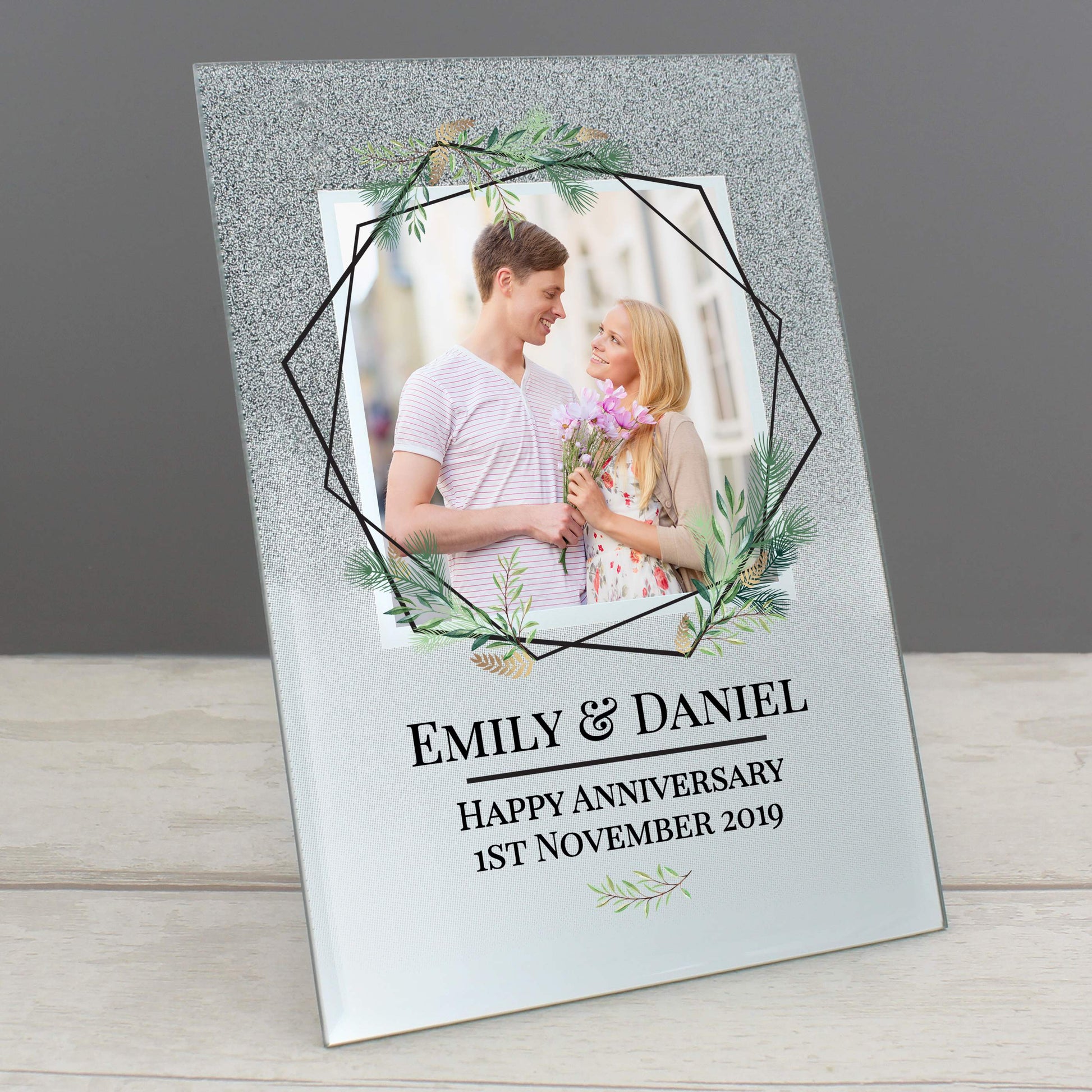 Personalised Geo Leaves 4x4 Glitter Glass Photo Frame - Inspired Creative Gifts