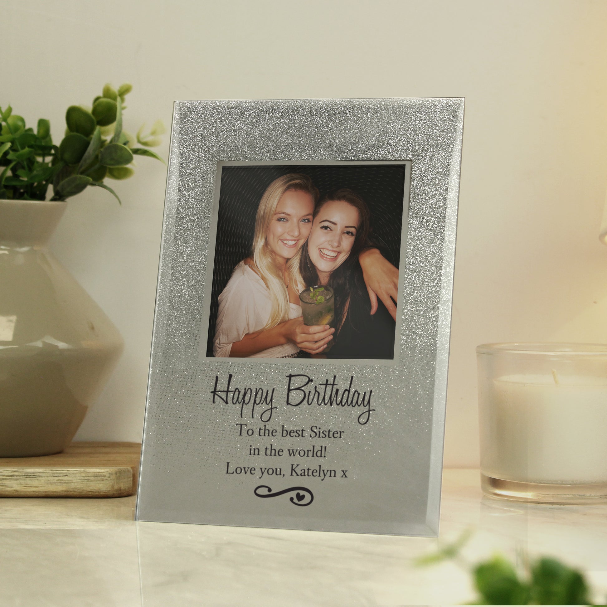Personalised Heart & Swirl 4x4 Glitter Glass Photo Frame - Inspired Creative Gifts