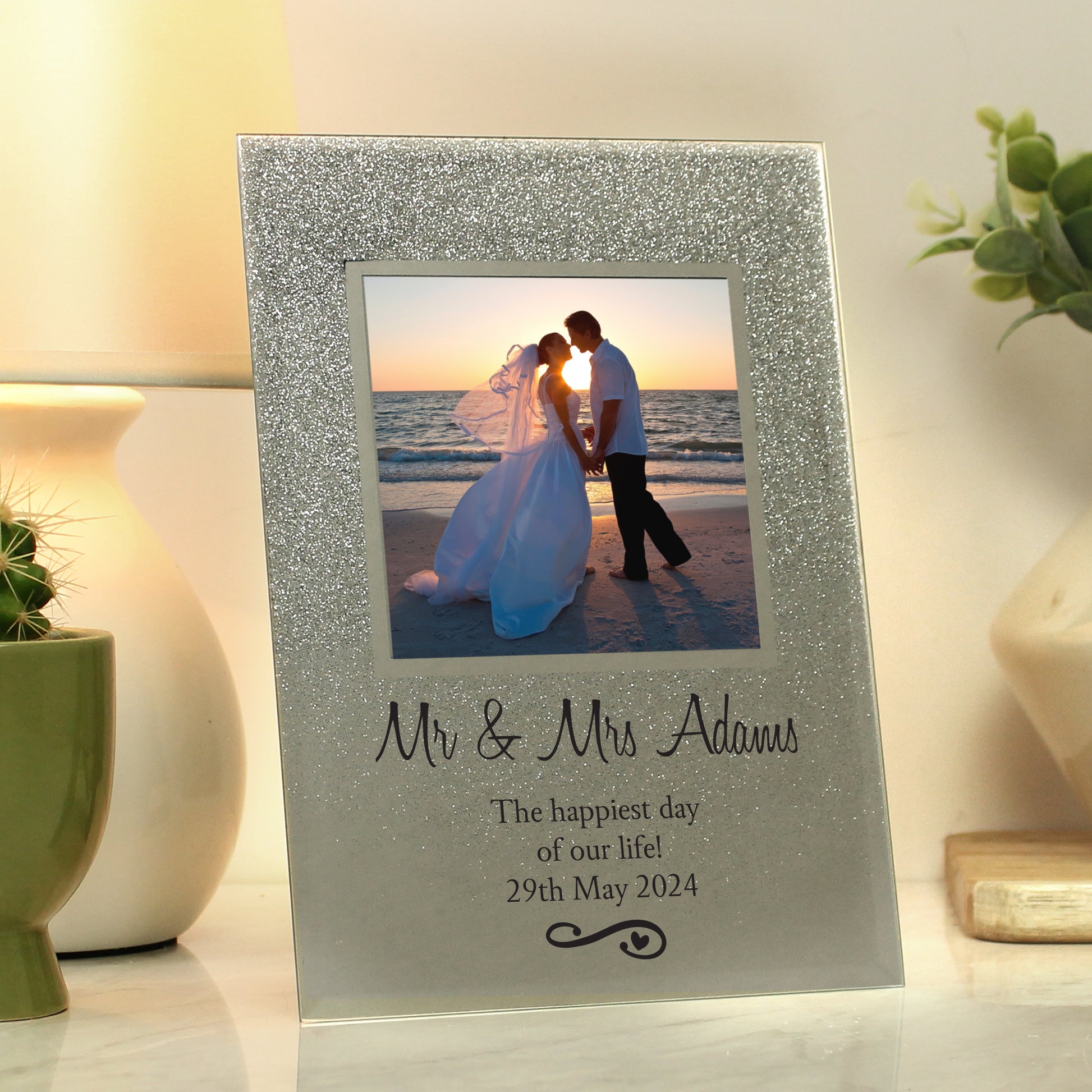 Personalised Heart & Swirl 4x4 Glitter Glass Photo Frame - Inspired Creative Gifts