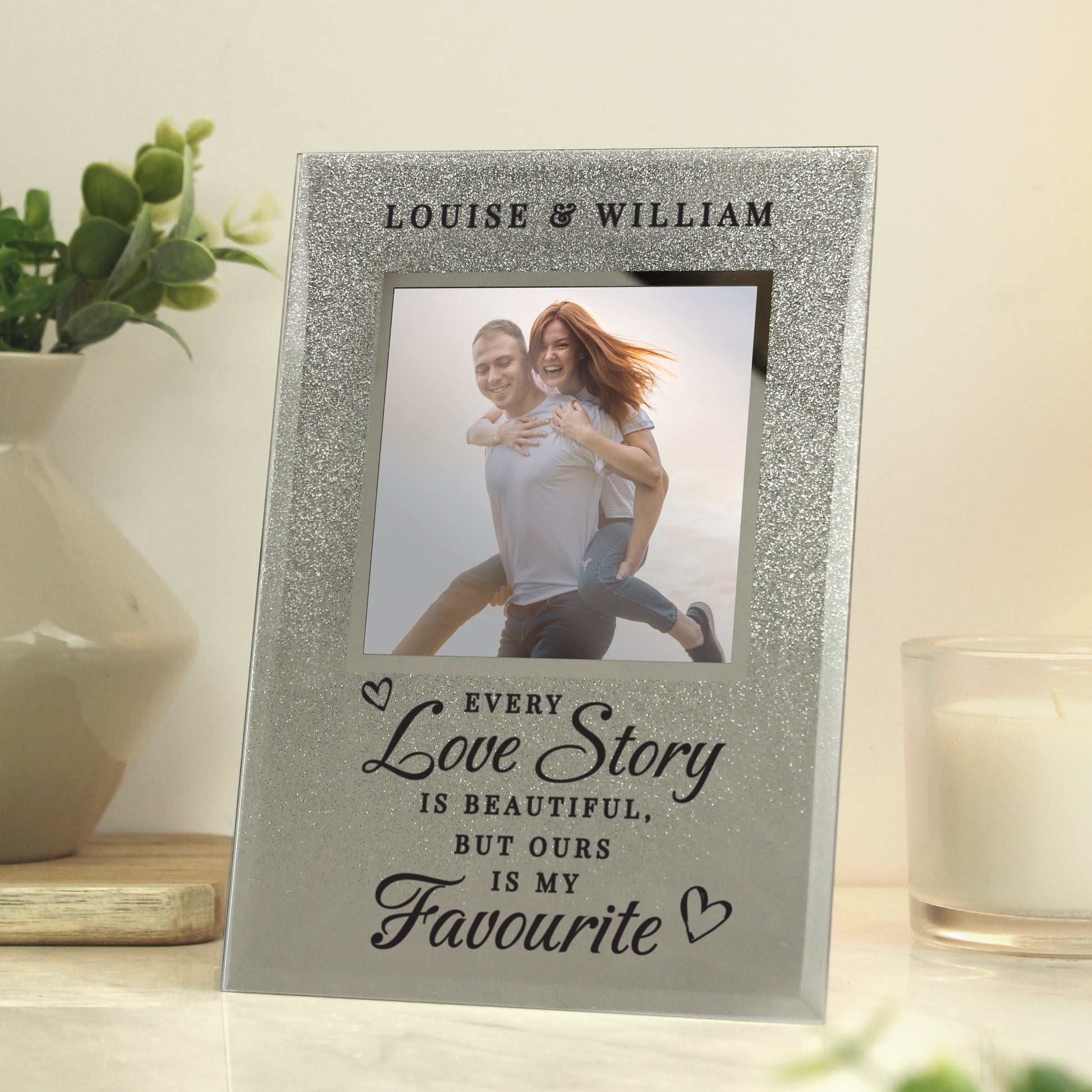 Personalised Every Love Story Is Beautiful 4x4 Glitter Glass Photo Frame - Inspired Creative Gifts