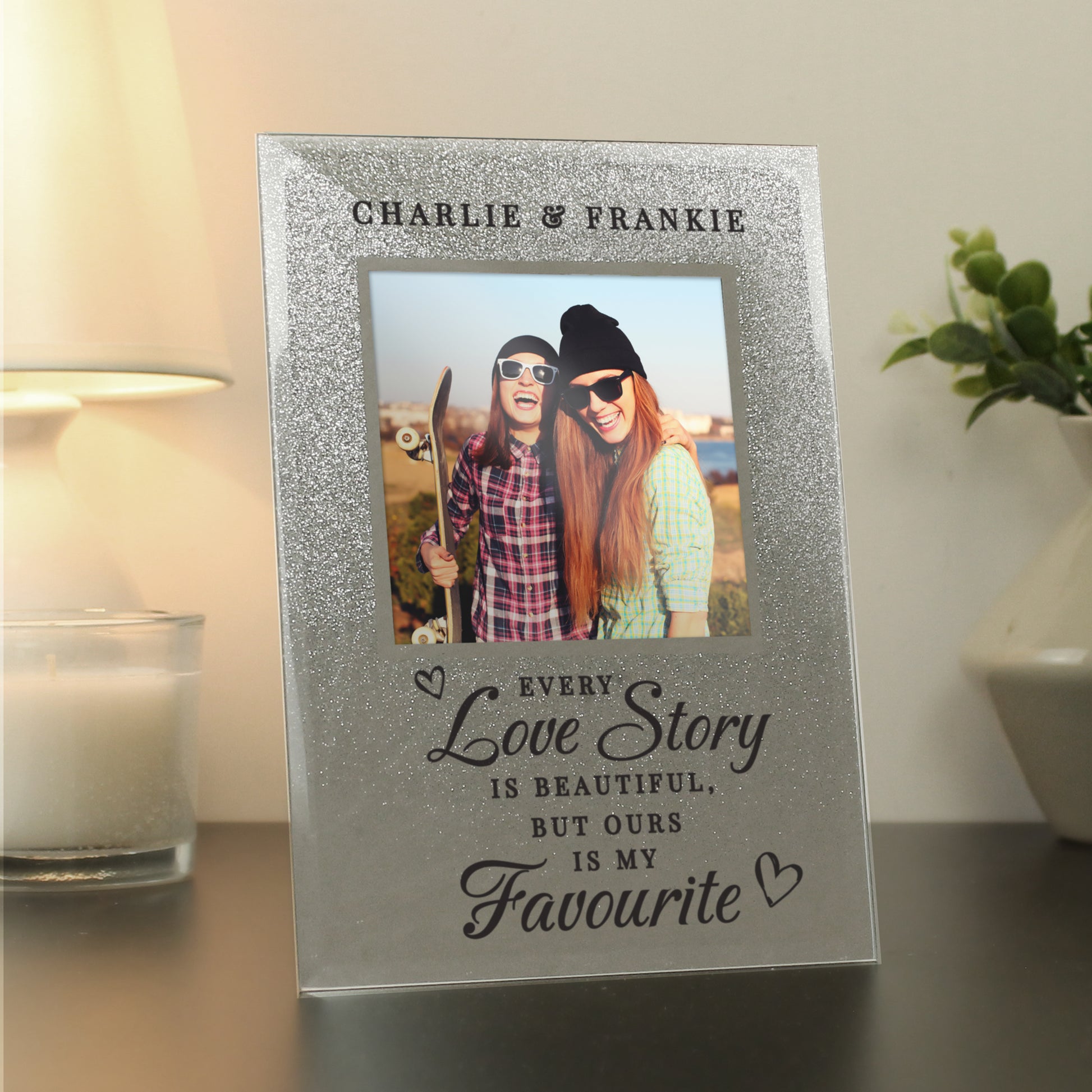 Personalised Every Love Story Is Beautiful 4x4 Glitter Glass Photo Frame - Inspired Creative Gifts