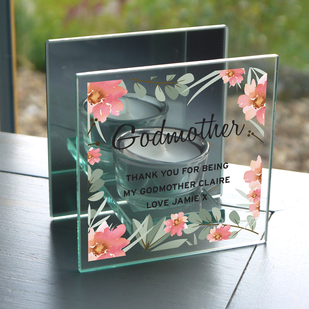 Personalised Floral Sentimental Mirrored Glass Tea Light Candle Holder | Candles & Reed Diffusers | Mother's Day Gift