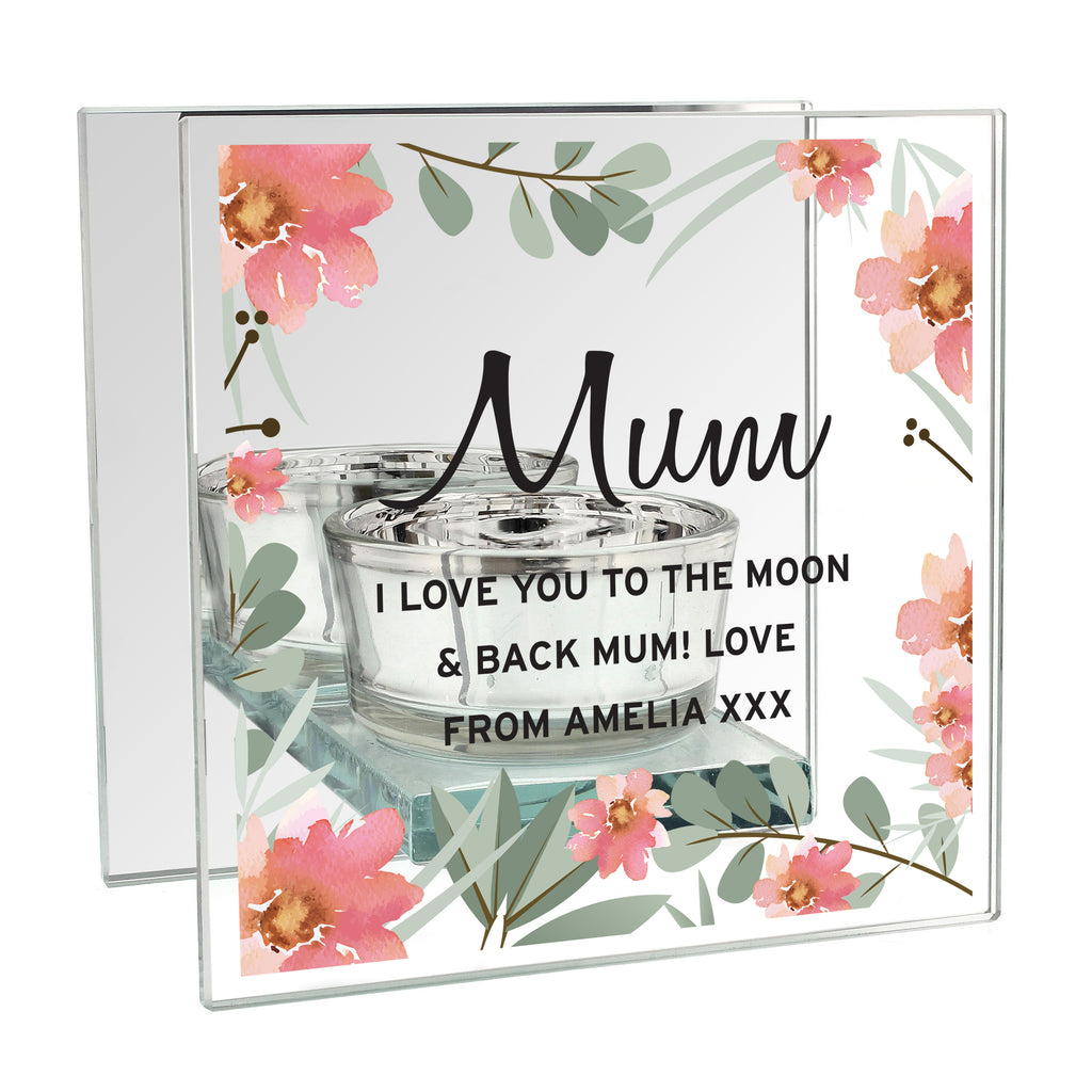 Personalised Floral Sentimental Mirrored Glass Tea Light Candle Holder | Candles & Reed Diffusers | Mother's Day Gift