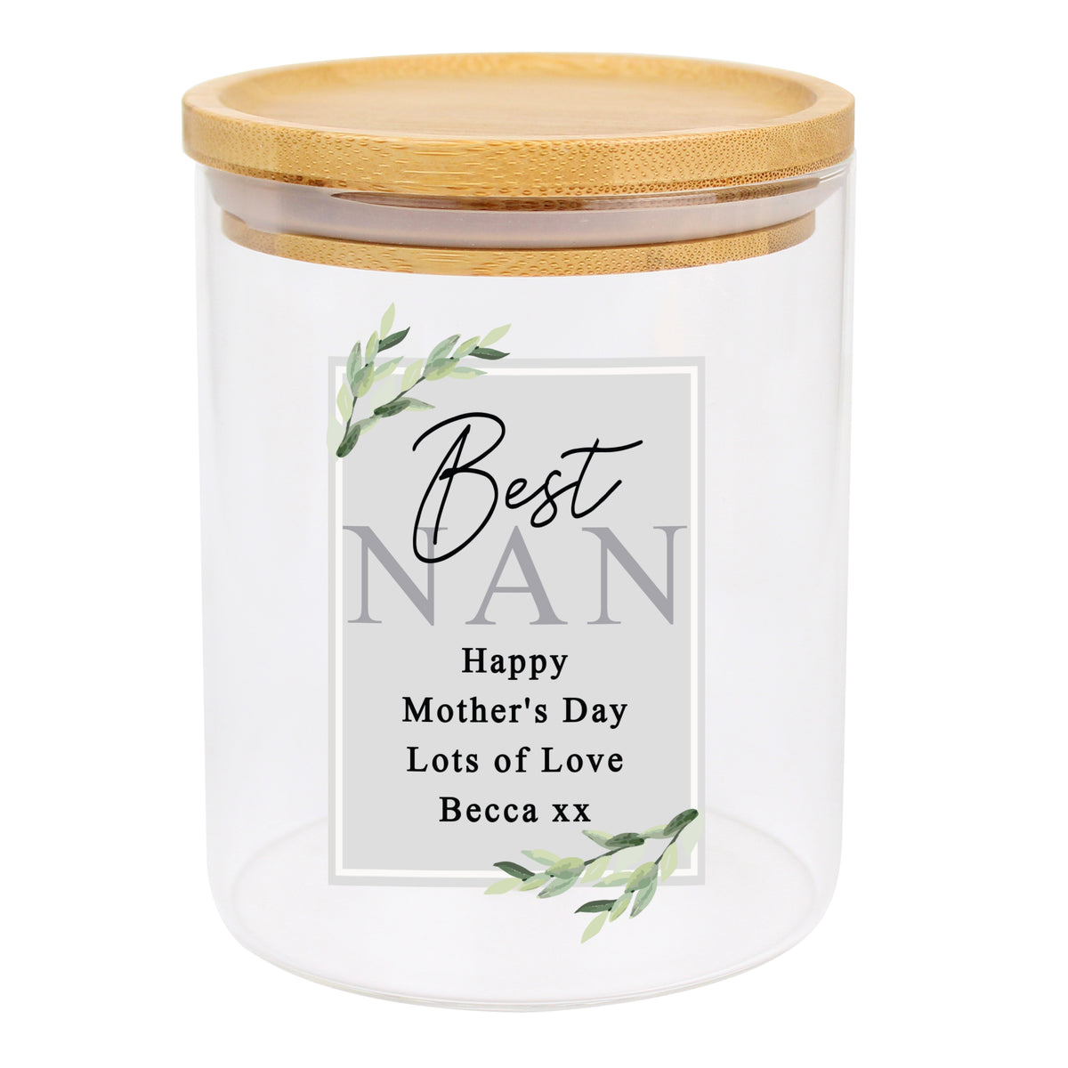 Personalised Botanical Glass Jar with Bamboo Lid for Christmas