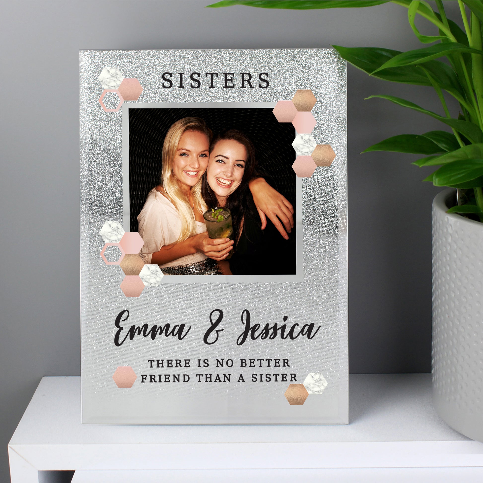 Personalised Cute Hexagon Design 4x4 Glitter Glass Photo Frame - Inspired Creative Gifts