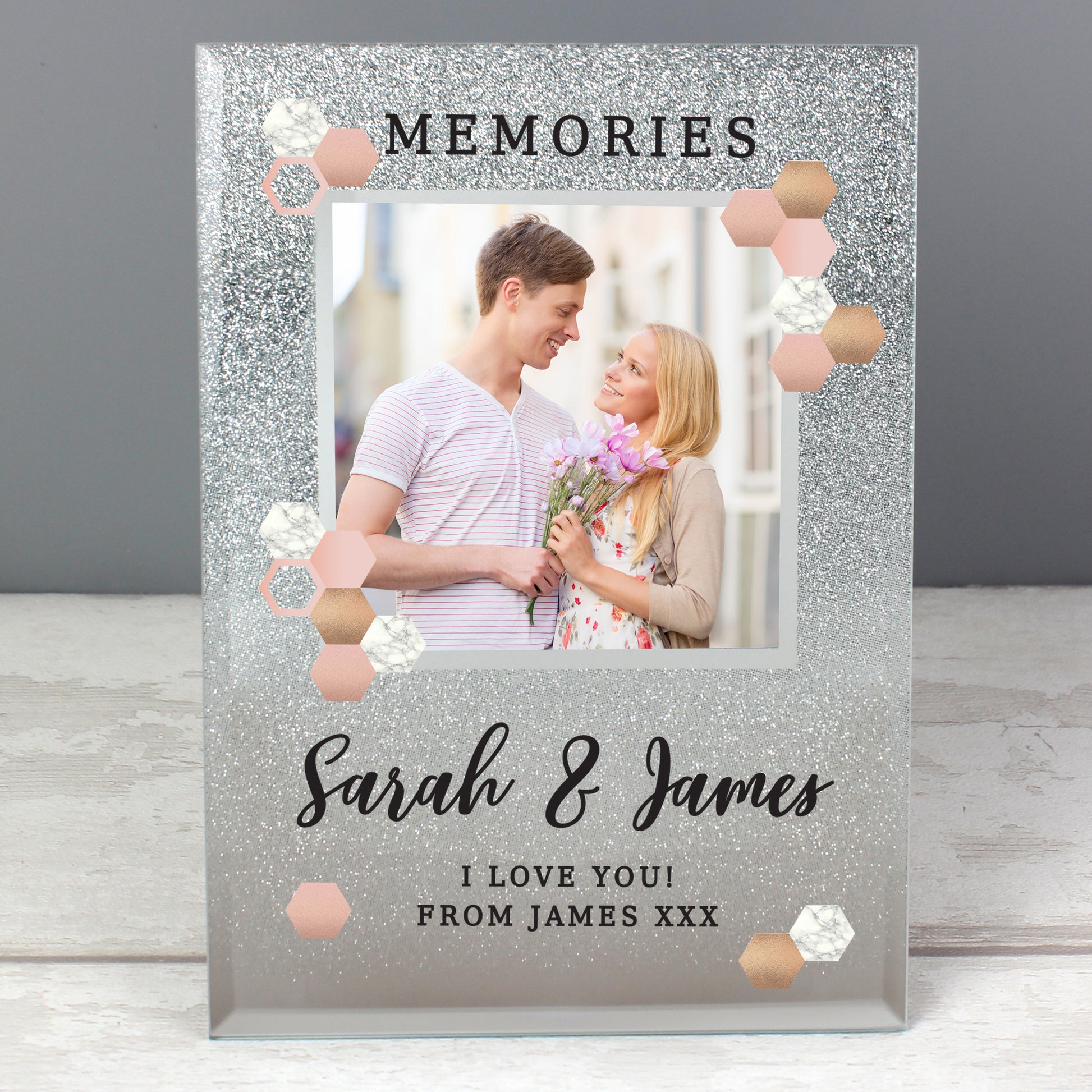 Personalised Cute Hexagon Design 4x4 Glitter Glass Photo Frame - Inspired Creative Gifts