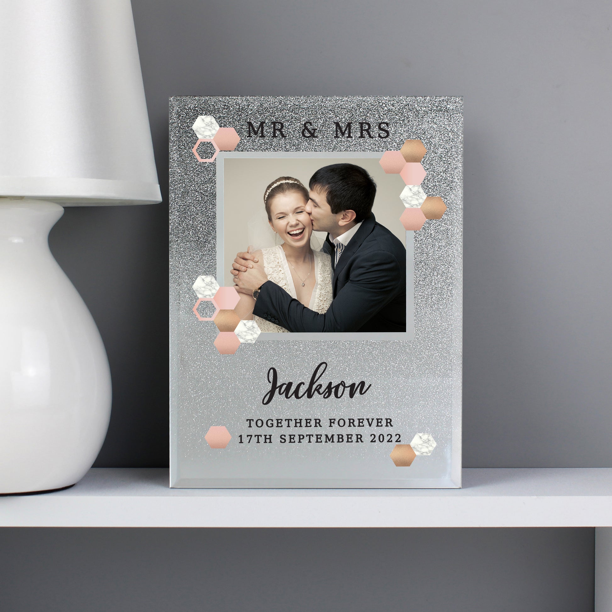 Personalised Cute Hexagon Design 4x4 Glitter Glass Photo Frame - Inspired Creative Gifts