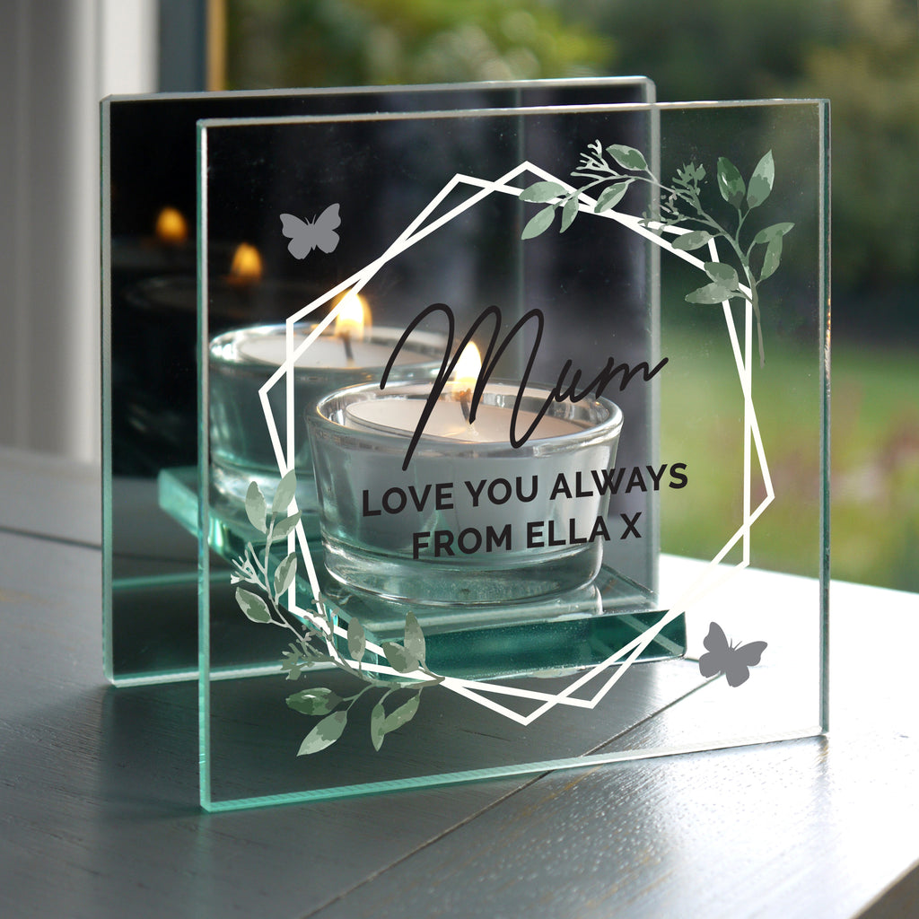 Personalised Botanical Mirrored Glass Tea Light Candle Holder | Wedding Gift