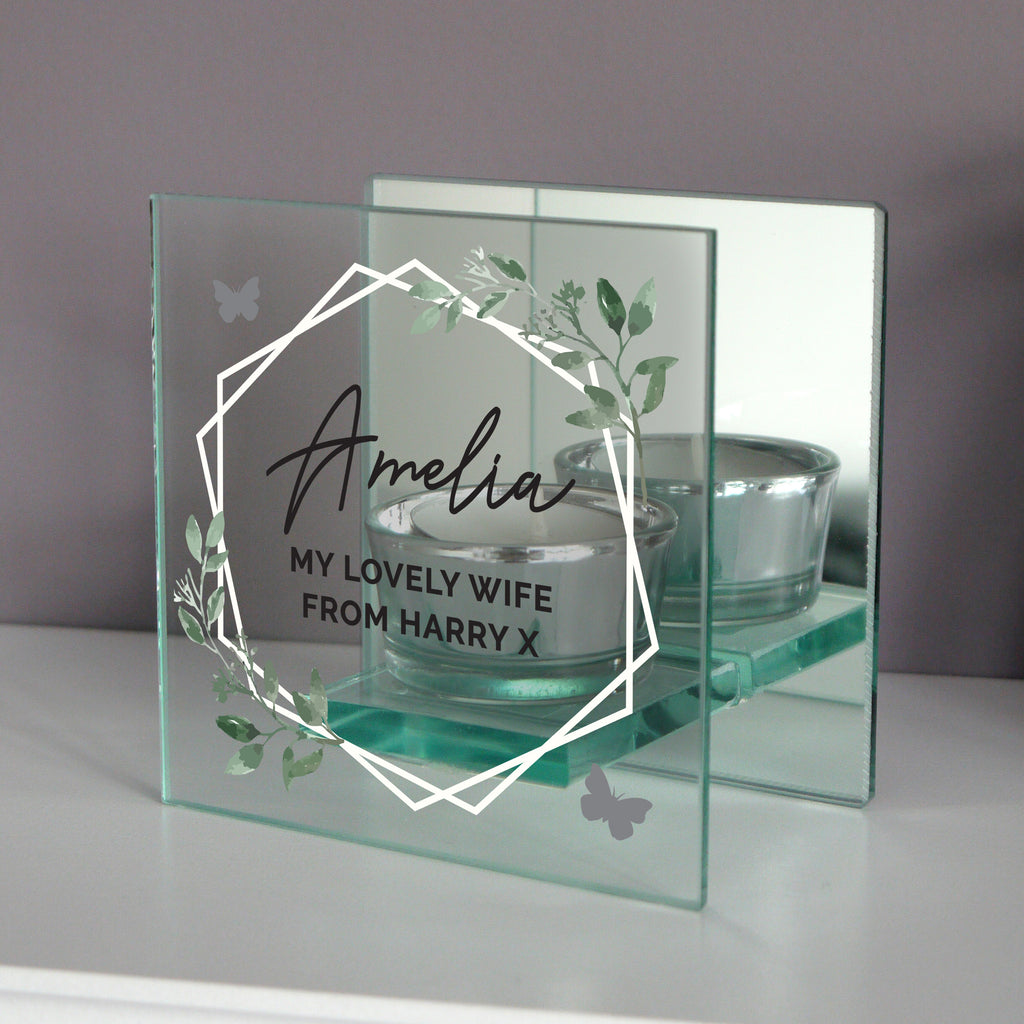 Personalised Botanical Mirrored Glass Tea Light Candle Holder | Wedding Gift