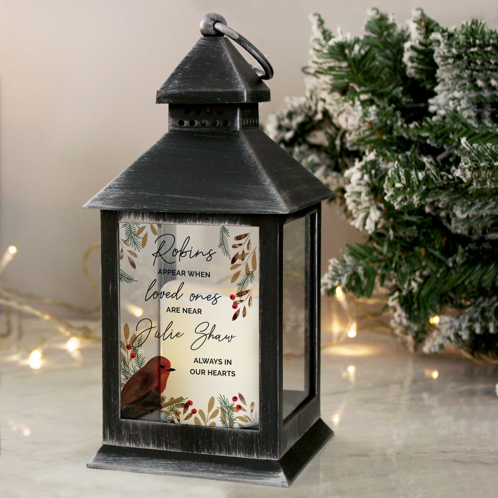 Personalised Robins Appear.. Memorial Black Lantern for Christmas