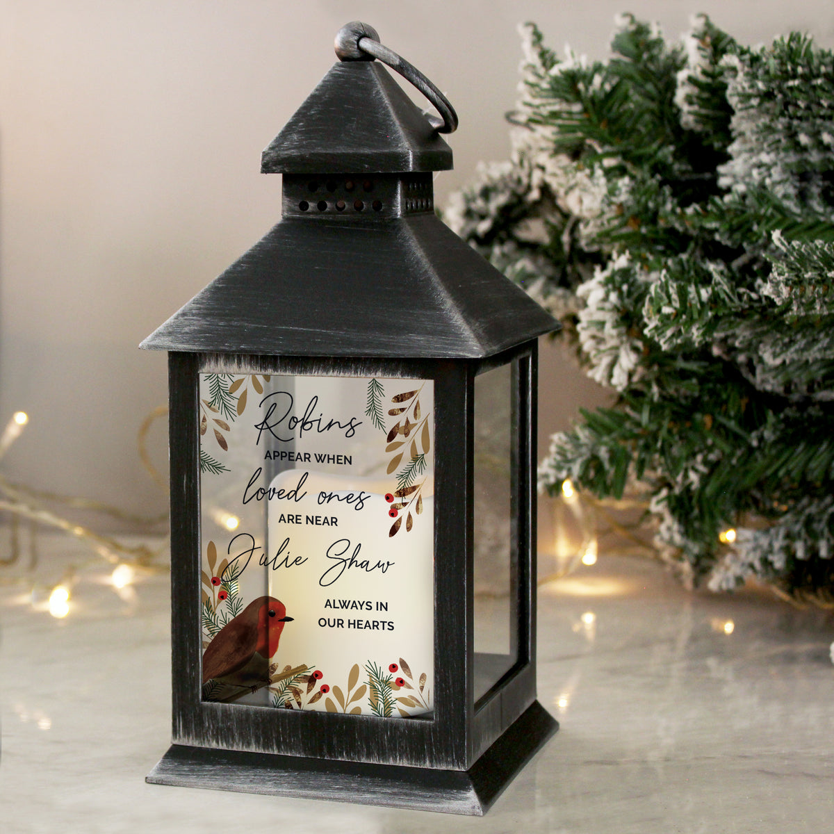 Personalised Robins Appear.. Memorial Black Lantern for Christmas